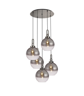 Yorktown 75cm Round 5 Light Pendant 30cm Globe Glass Polished Nickel/Matt Black Smoked/Clear-1