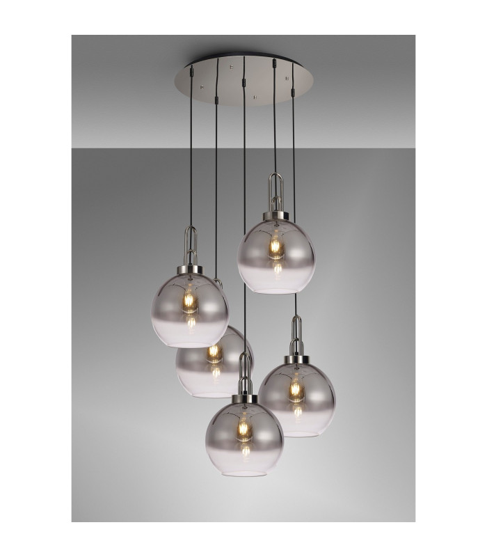 Yorktown 75cm Round 5 Light Pendant 30cm Globe Glass Polished Nickel/Matt Black Smoked/Clear-3