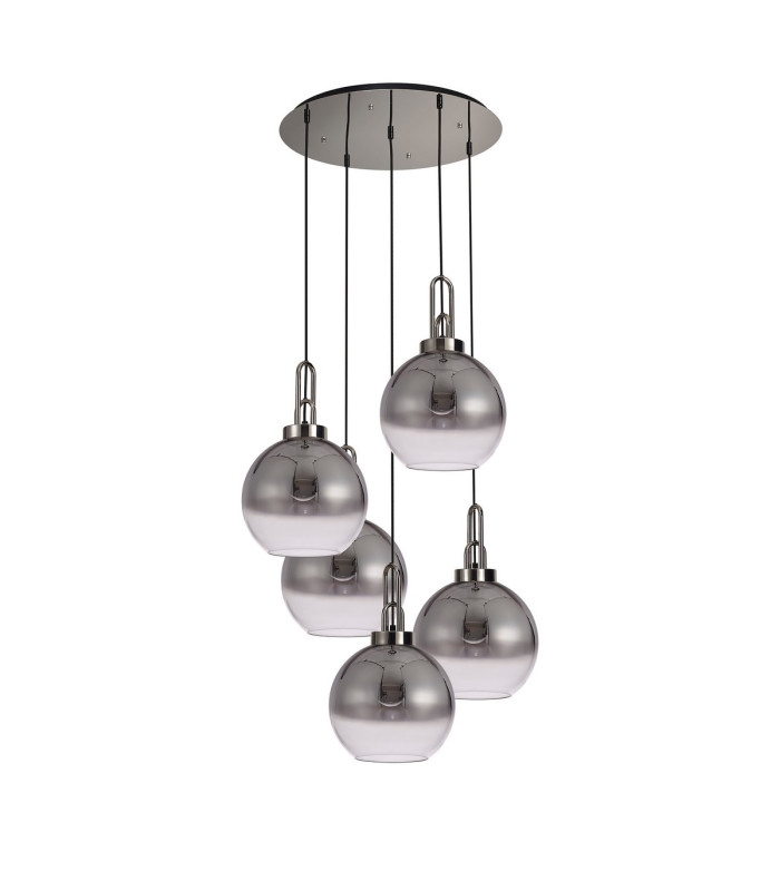 Yorktown 75cm Round 5 Light Pendant 30cm Globe Glass Polished Nickel/Matt Black Smoked/Clear-4