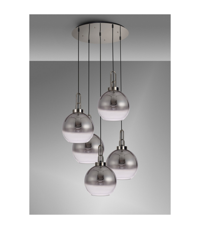 Yorktown 75cm Round 5 Light Pendant 30cm Globe Glass Polished Nickel/Matt Black Smoked/Clear-10