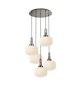 Yorktown 75cm 2.5m Round Pendant 5 x E27 Polished Nickel/Matt Black 30cm Pumpkin Shaped Ribbed Opal Glass-1