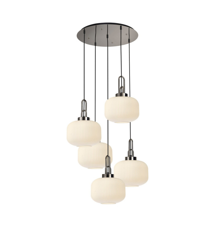 Yorktown 75cm 2.5m Round Pendant 5 x E27 Polished Nickel/Matt Black 30cm Pumpkin Shaped Ribbed Opal Glass-1