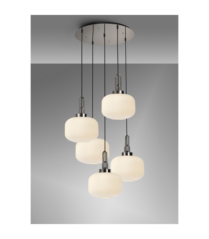 Yorktown 75cm 2.5m Round Pendant 5 x E27 Polished Nickel/Matt Black 30cm Pumpkin Shaped Ribbed Opal Glass-3