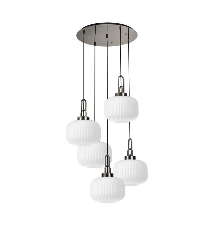 Yorktown 75cm 2.5m Round Pendant 5 x E27 Polished Nickel/Matt Black 30cm Pumpkin Shaped Ribbed Opal Glass-5
