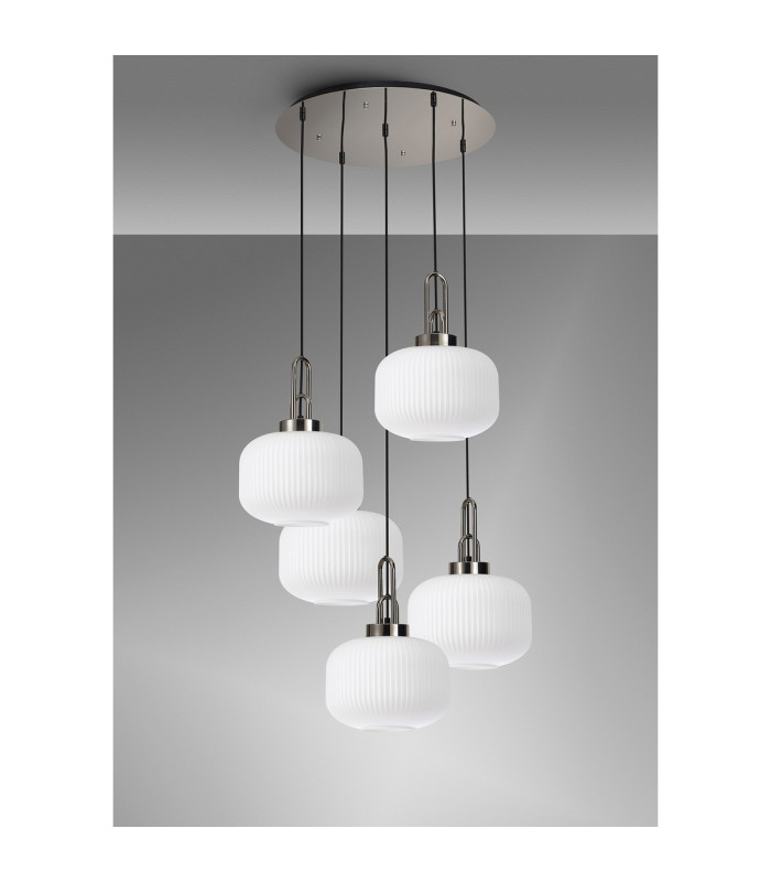 Yorktown 75cm 2.5m Round Pendant 5 x E27 Polished Nickel/Matt Black 30cm Pumpkin Shaped Ribbed Opal Glass-11