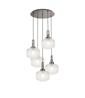 Yorktown 75cm 2.5m Round Pendant 5 x E27 Polished Nickel/Matt Black 30cm Pumpkin Shaped Ribbed Clear Glass-1