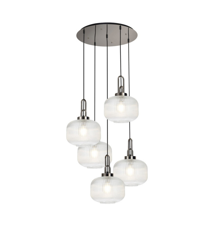 Yorktown 75cm 2.5m Round Pendant 5 x E27 Polished Nickel/Matt Black 30cm Pumpkin Shaped Ribbed Clear Glass-1