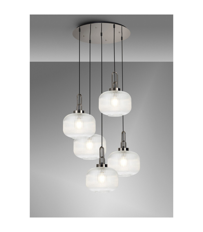 Yorktown 75cm 2.5m Round Pendant 5 x E27 Polished Nickel/Matt Black 30cm Pumpkin Shaped Ribbed Clear Glass-3