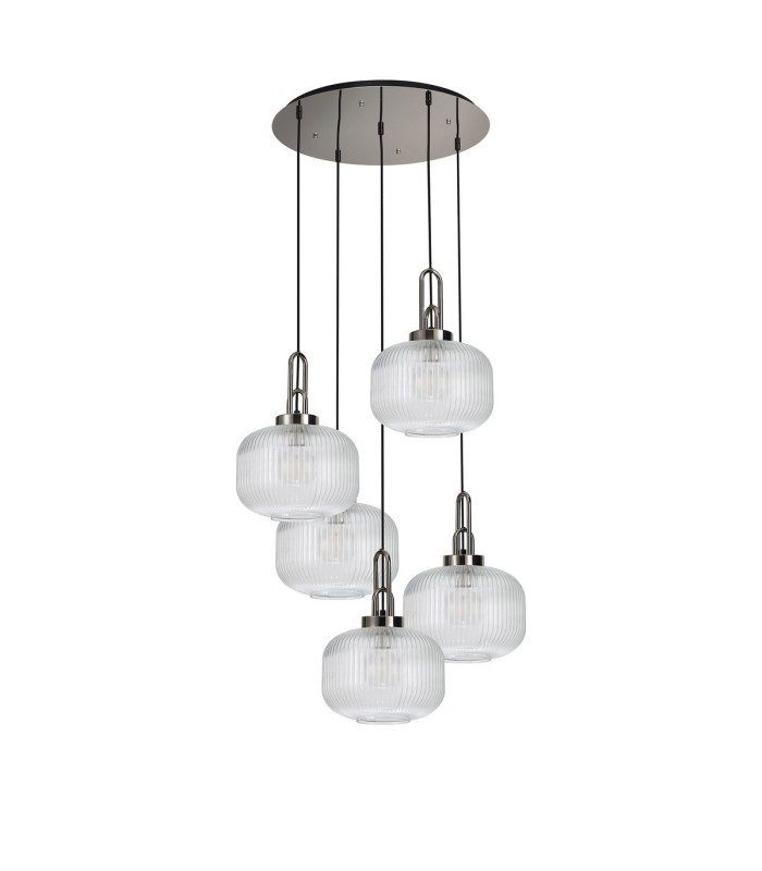 Yorktown 75cm 2.5m Round Pendant 5 x E27 Polished Nickel/Matt Black 30cm Pumpkin Shaped Ribbed Clear Glass-5
