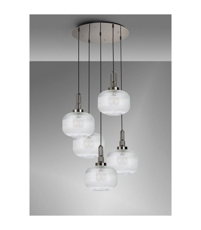 Yorktown 75cm 2.5m Round Pendant 5 x E27 Polished Nickel/Matt Black 30cm Pumpkin Shaped Ribbed Clear Glass-11