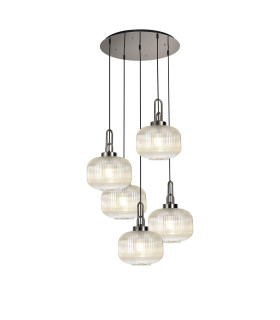 Yorktown 75cm 2.5m Round Pendant 5 x E27 Polished Nickel/Matt Black 30cm Pumpkin Shaped Ribbed Champagne Glass-1