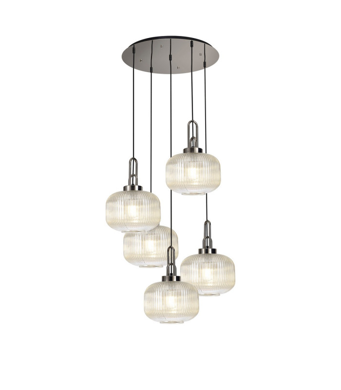 Yorktown 75cm 2.5m Round Pendant 5 x E27 Polished Nickel/Matt Black 30cm Pumpkin Shaped Ribbed Champagne Glass-1