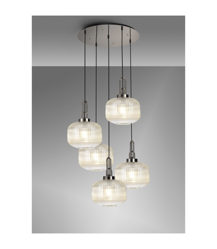 Yorktown 75cm 2.5m Round Pendant 5 x E27 Polished Nickel/Matt Black 30cm Pumpkin Shaped Ribbed Champagne Glass-3