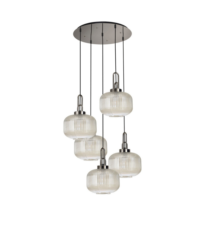 Yorktown 75cm 2.5m Round Pendant 5 x E27 Polished Nickel/Matt Black 30cm Pumpkin Shaped Ribbed Champagne Glass-4