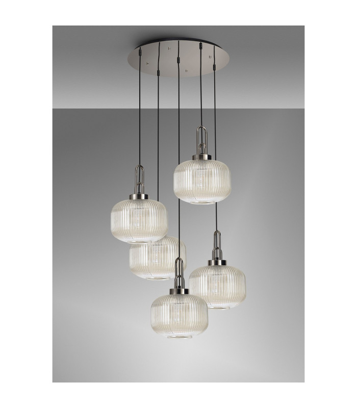 Yorktown 75cm 2.5m Round Pendant 5 x E27 Polished Nickel/Matt Black 30cm Pumpkin Shaped Ribbed Champagne Glass-10