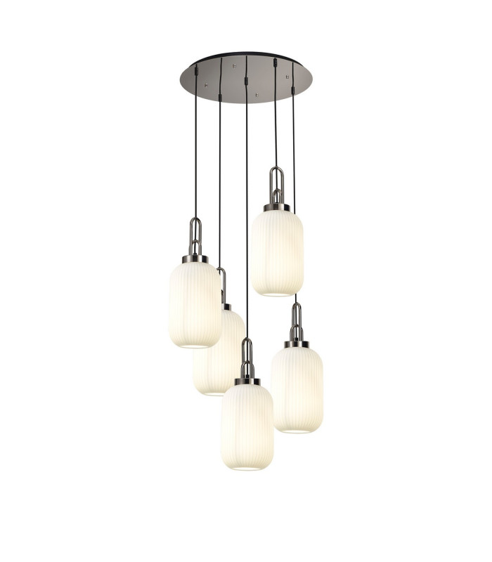 Yorktown 65cm Round 5 Light Pendant 20cm Tubular Ribbed Glass Polished Nickel/Matt Black Opal-1