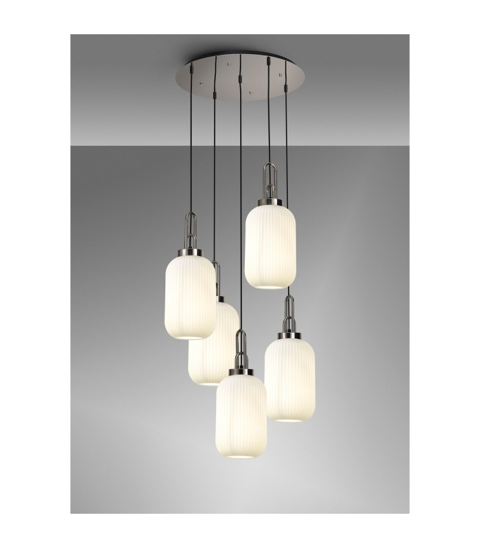 Yorktown 65cm Round 5 Light Pendant 20cm Tubular Ribbed Glass Polished Nickel/Matt Black Opal-3