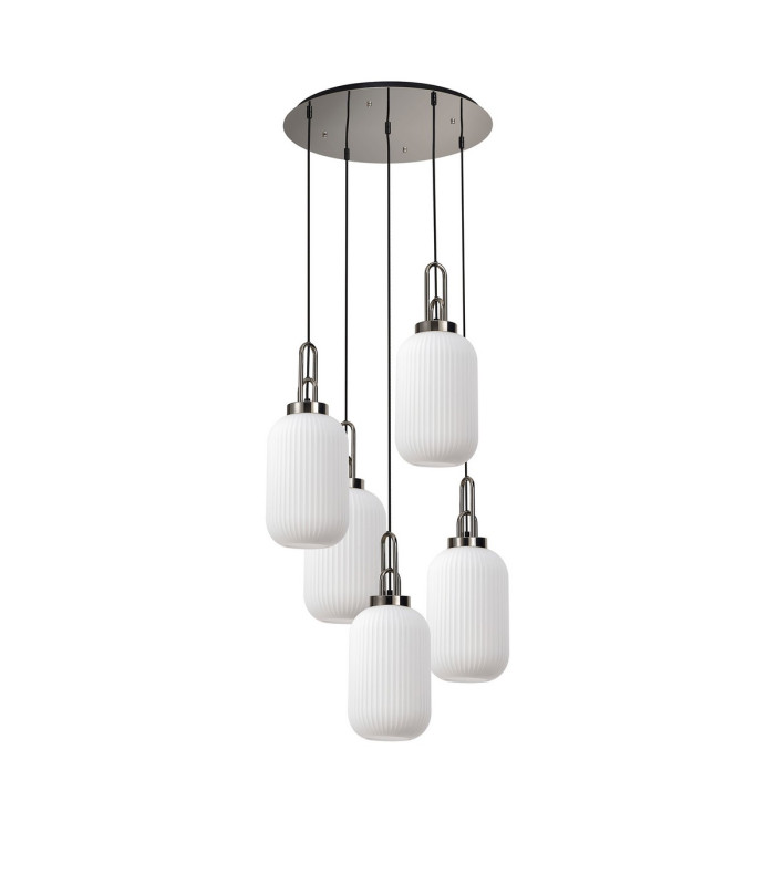 Yorktown 65cm Round 5 Light Pendant 20cm Tubular Ribbed Glass Polished Nickel/Matt Black Opal-4