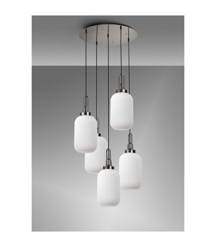 Yorktown 65cm Round 5 Light Pendant 20cm Tubular Ribbed Glass Polished Nickel/Matt Black Opal-9