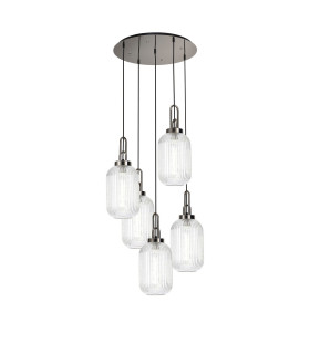 Yorktown 65cm Round 5 Light Pendant 20cm Tubular Ribbed Glass Polished Nickel/Matt Black Clear-1