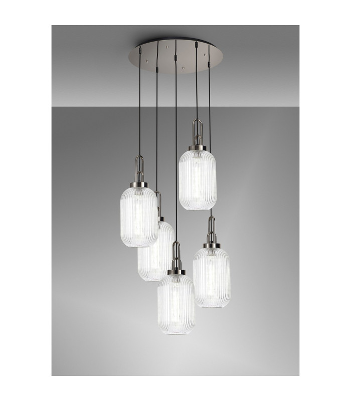 Yorktown 65cm Round 5 Light Pendant 20cm Tubular Ribbed Glass Polished Nickel/Matt Black Clear-3
