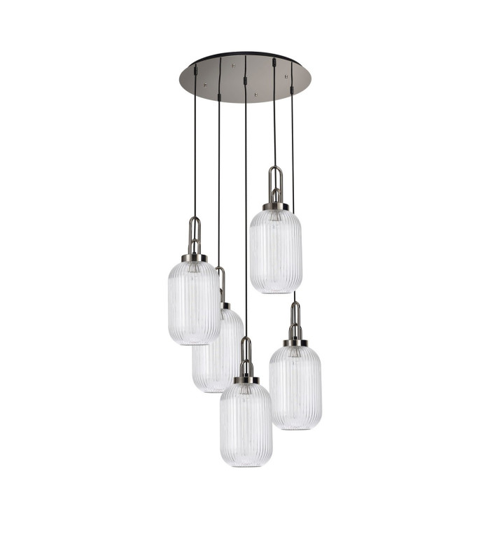 Yorktown 65cm Round 5 Light Pendant 20cm Tubular Ribbed Glass Polished Nickel/Matt Black Clear-4