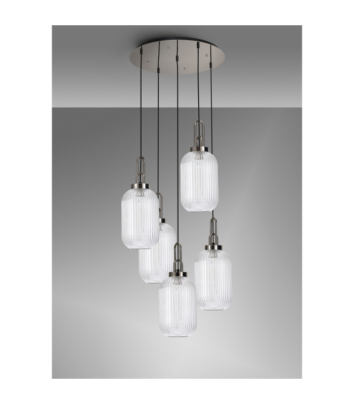 Yorktown 65cm Round 5 Light Pendant 20cm Tubular Ribbed Glass Polished Nickel/Matt Black Clear-10