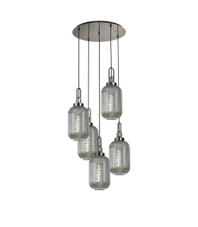 Yorktown 65cm Round 5 Light Pendant 20cm Tubular Ribbed Glass Polished Nickel/Matt Black Smoked-1
