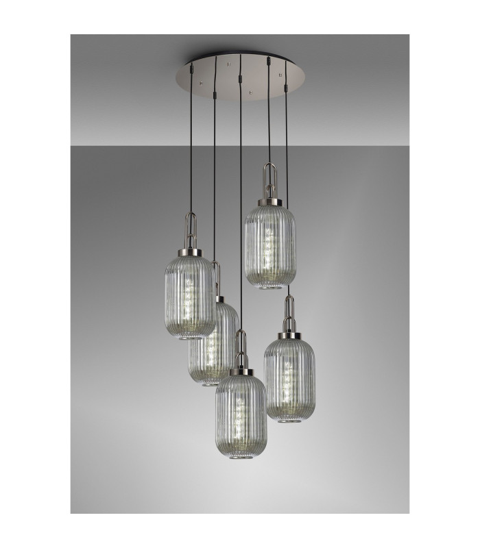 Yorktown 65cm Round 5 Light Pendant 20cm Tubular Ribbed Glass Polished Nickel/Matt Black Smoked-3