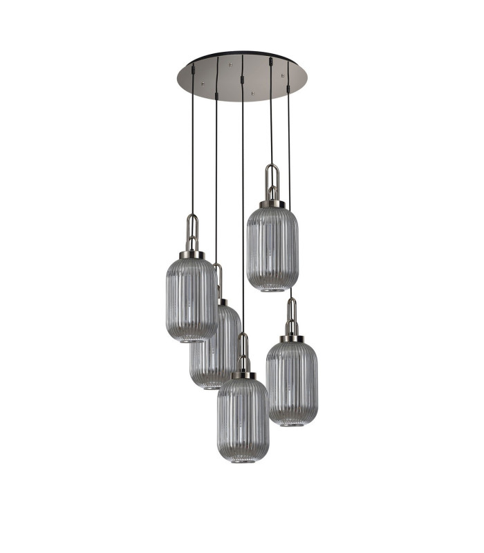 Yorktown 65cm Round 5 Light Pendant 20cm Tubular Ribbed Glass Polished Nickel/Matt Black Smoked-4