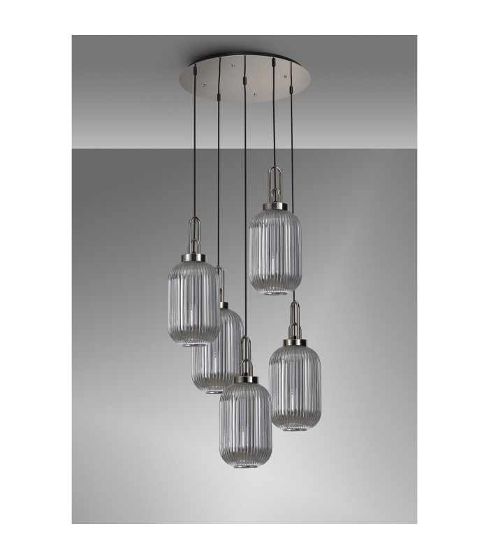 Yorktown 65cm Round 5 Light Pendant 20cm Tubular Ribbed Glass Polished Nickel/Matt Black Smoked-10