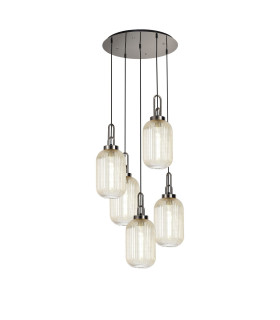Yorktown 65cm Round 5 Light Pendant 20cm Tubular Ribbed Glass Polished Nickel/Matt Black Champagne-1