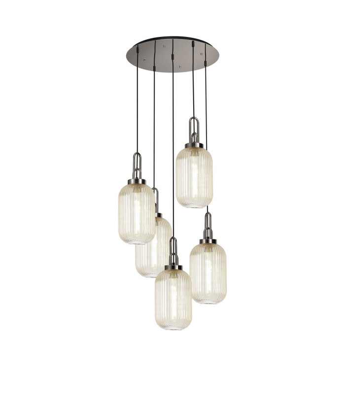 Yorktown 65cm Round 5 Light Pendant 20cm Tubular Ribbed Glass Polished Nickel/Matt Black Champagne-1
