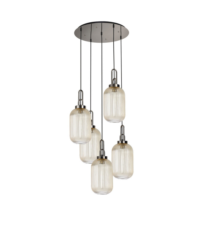 Yorktown 65cm Round 5 Light Pendant 20cm Tubular Ribbed Glass Polished Nickel/Matt Black Champagne-4