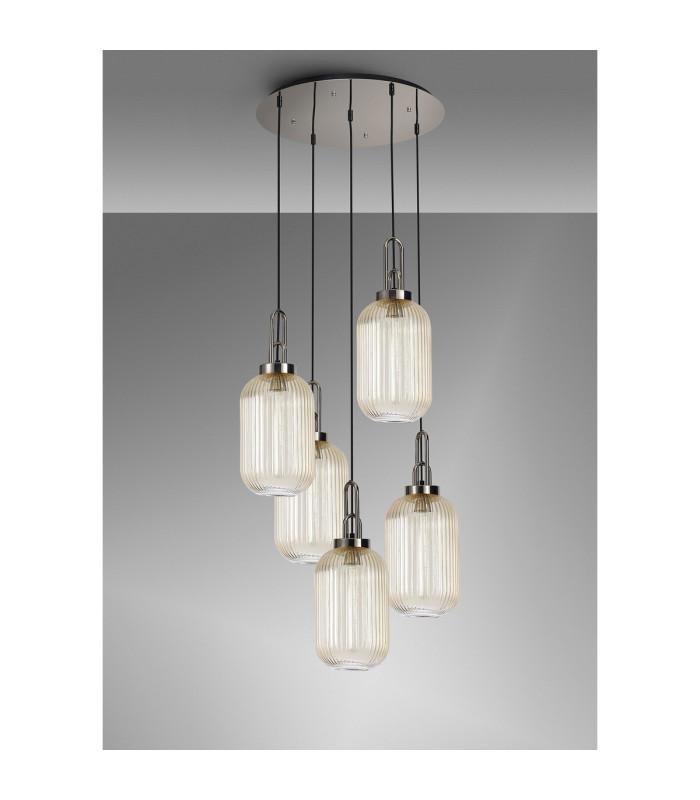 Yorktown 65cm Round 5 Light Pendant 20cm Tubular Ribbed Glass Polished Nickel/Matt Black Champagne-10