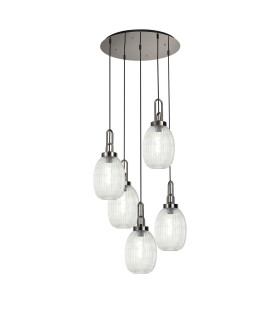 Yorktown 65cm Round 5 Light Pendant 20cm Almond Ribbed Glass Polished Nickel/Matt Black Clear-1