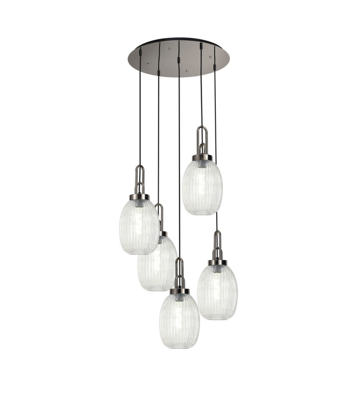 Yorktown 65cm Round 5 Light Pendant 20cm Almond Ribbed Glass Polished Nickel/Matt Black Clear-1