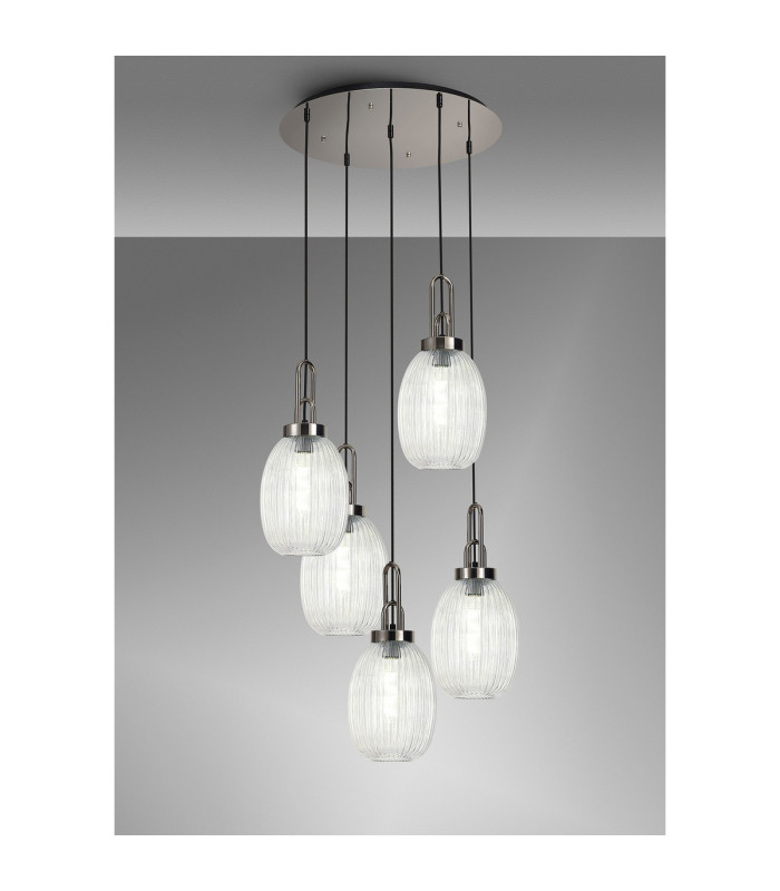 Yorktown 65cm Round 5 Light Pendant 20cm Almond Ribbed Glass Polished Nickel/Matt Black Clear-3