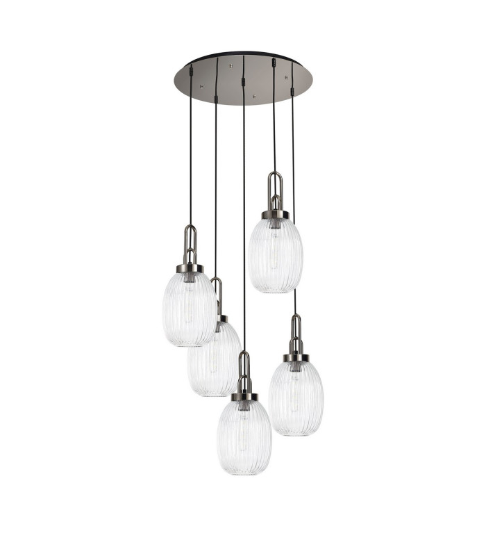 Yorktown 65cm Round 5 Light Pendant 20cm Almond Ribbed Glass Polished Nickel/Matt Black Clear-4