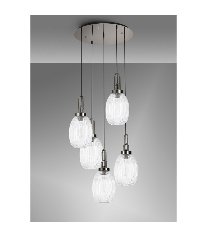 Yorktown 65cm Round 5 Light Pendant 20cm Almond Ribbed Glass Polished Nickel/Matt Black Clear-9
