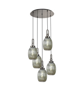 Yorktown 65cm Round 5 Light Pendant 20cm Almond Ribbed Glass Polished Nickel/Matt Black Smoked-1