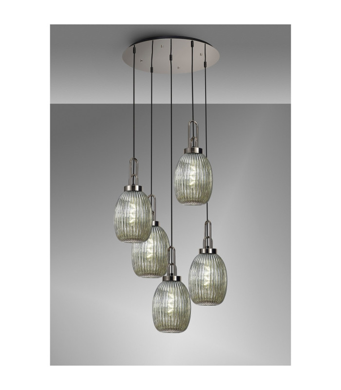 Yorktown 65cm Round 5 Light Pendant 20cm Almond Ribbed Glass Polished Nickel/Matt Black Smoked-3