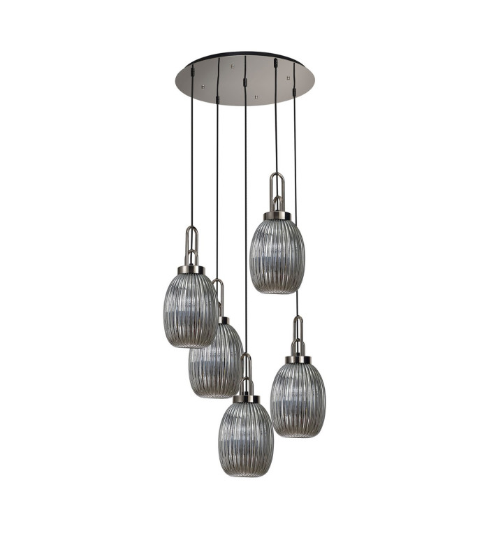 Yorktown 65cm Round 5 Light Pendant 20cm Almond Ribbed Glass Polished Nickel/Matt Black Smoked-4