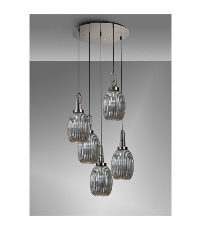Yorktown 65cm Round 5 Light Pendant 20cm Almond Ribbed Glass Polished Nickel/Matt Black Smoked-9