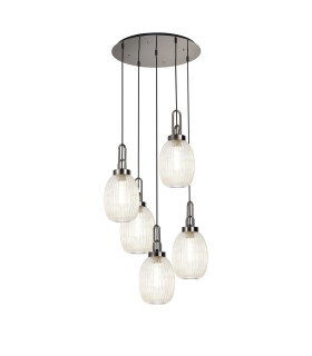 Yorktown 65cm Round 5 Light Pendant 20cm Almond Ribbed Glass Polished Nickel/Matt Black Champagne-1