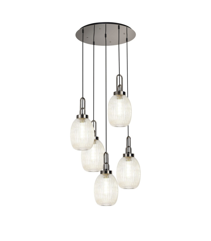 Yorktown 65cm Round 5 Light Pendant 20cm Almond Ribbed Glass Polished Nickel/Matt Black Champagne-1