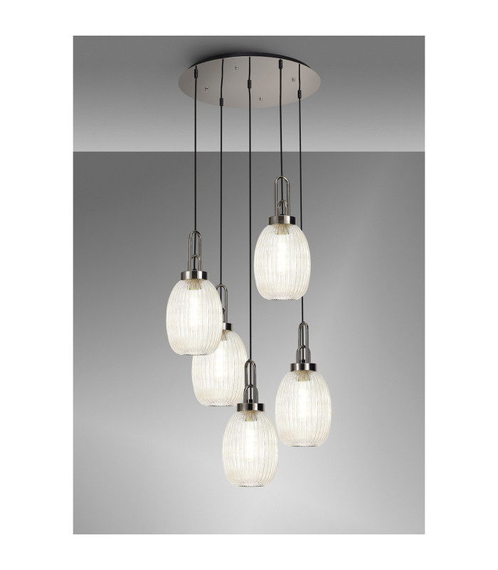 Yorktown 65cm Round 5 Light Pendant 20cm Almond Ribbed Glass Polished Nickel/Matt Black Champagne-3