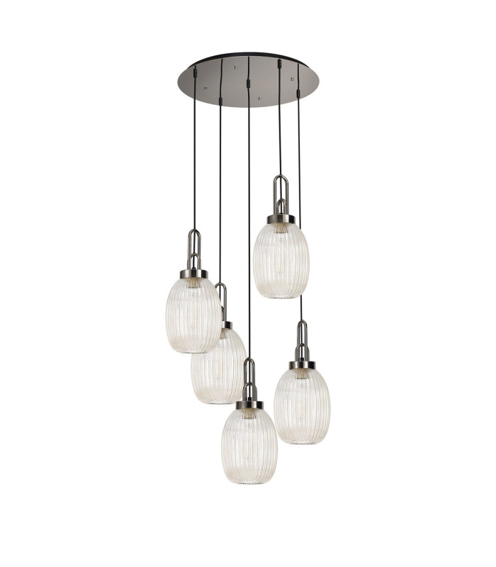 Yorktown 65cm Round 5 Light Pendant 20cm Almond Ribbed Glass Polished Nickel/Matt Black Champagne-4