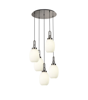 Yorktown 65cm Round 5 Light Pendant 20cm Almond Ribbed Glass Polished Nickel/Matt Black Opal-1