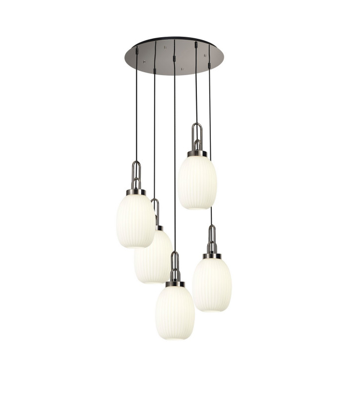 Yorktown 65cm Round 5 Light Pendant 20cm Almond Ribbed Glass Polished Nickel/Matt Black Opal-1